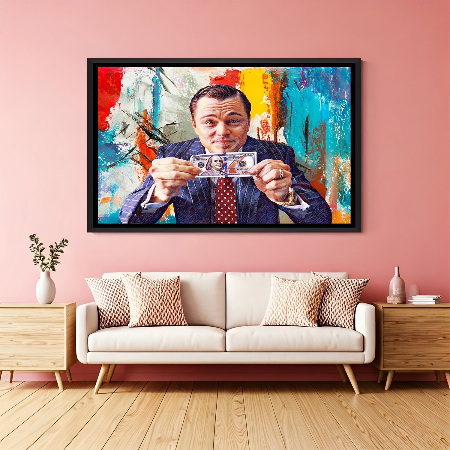Black frame version of DiCaprio dollar bill art – perfect for office or study wall with a bold modern vibe.