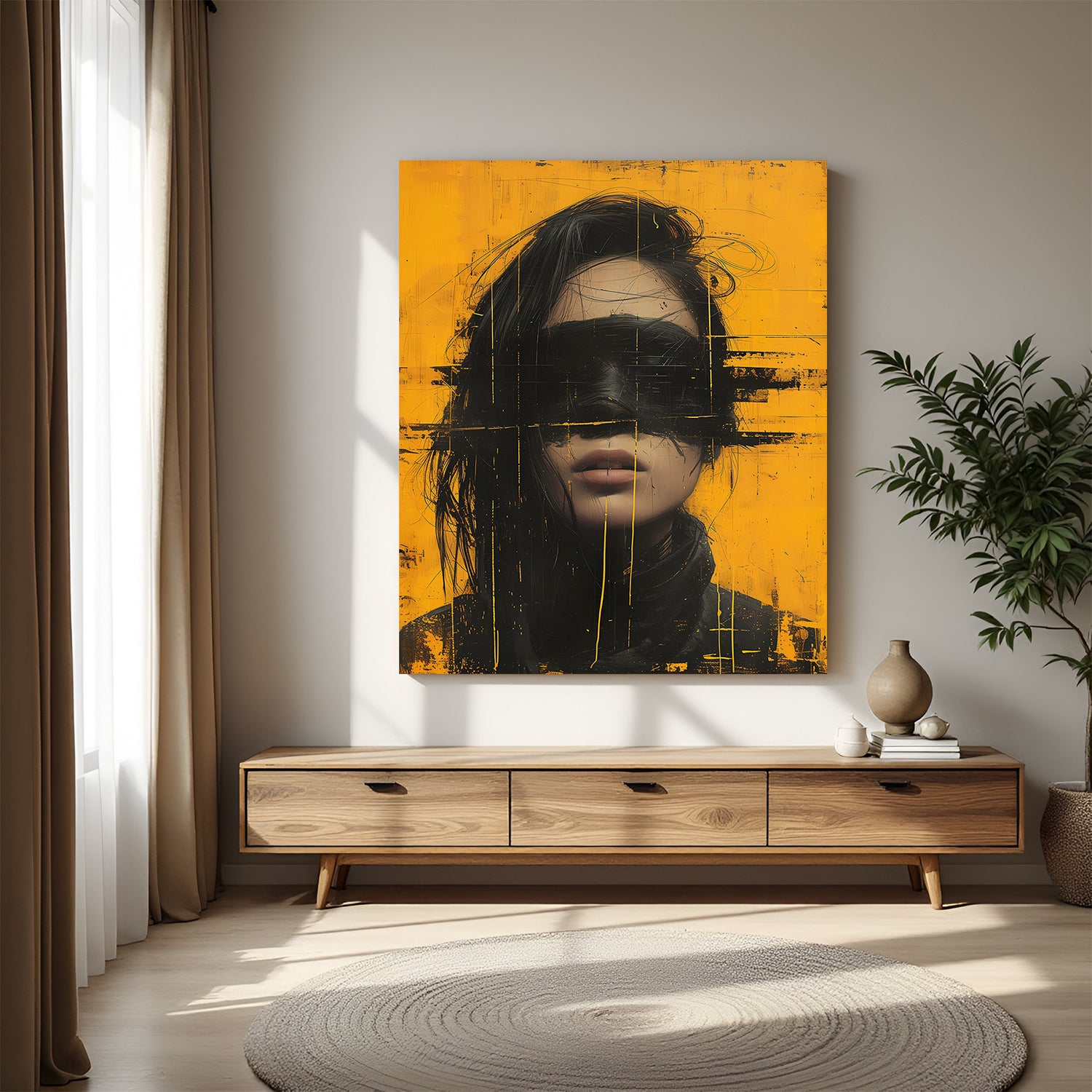 Elegant abstract canvas wall painting of a woman in shadows – soft and mysterious artwork for modern home interiors and minimalist decor
