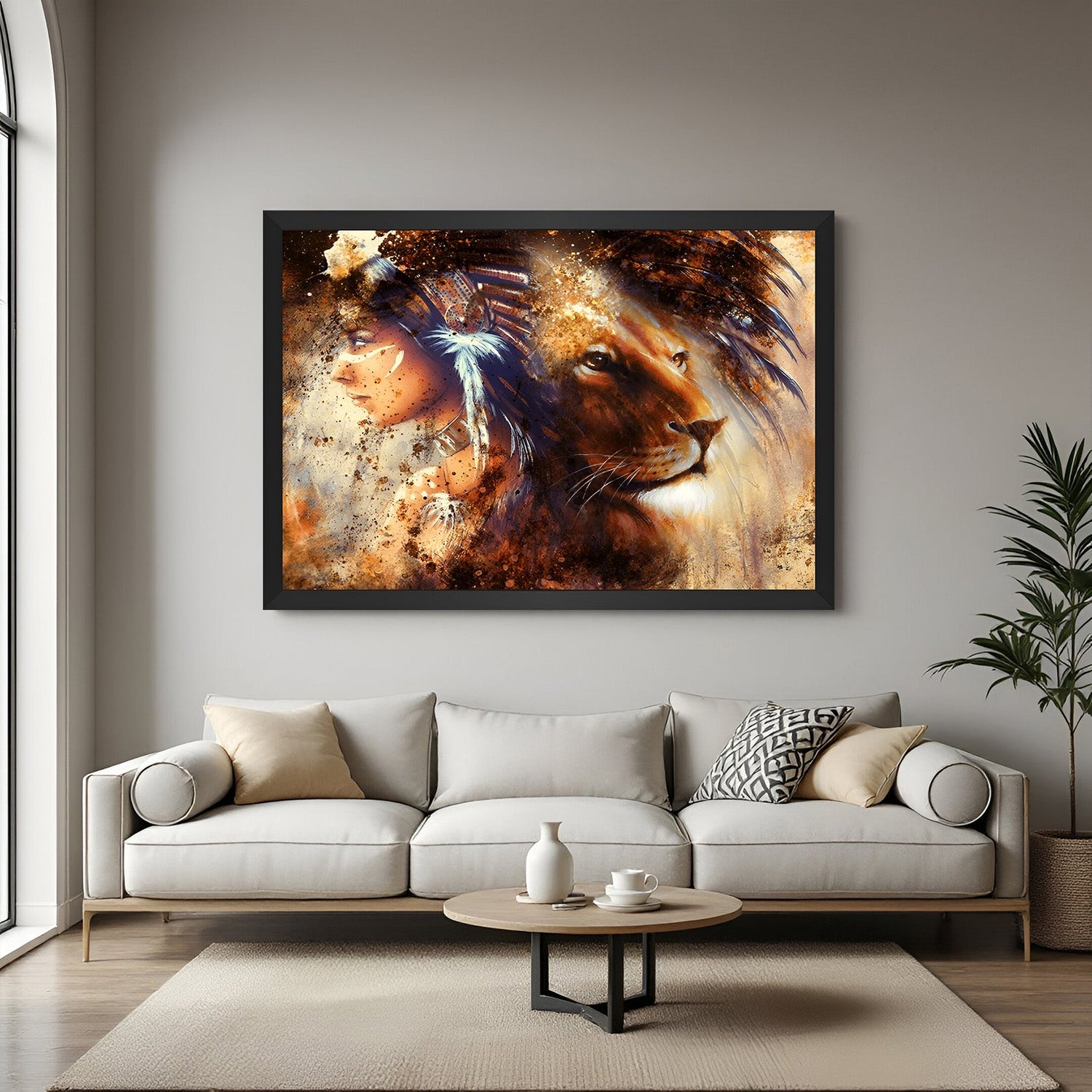 Black-framed poster-style canvas print featuring woman with lion—cinematic modern wall painting that symbolizes protection and fearless grace
