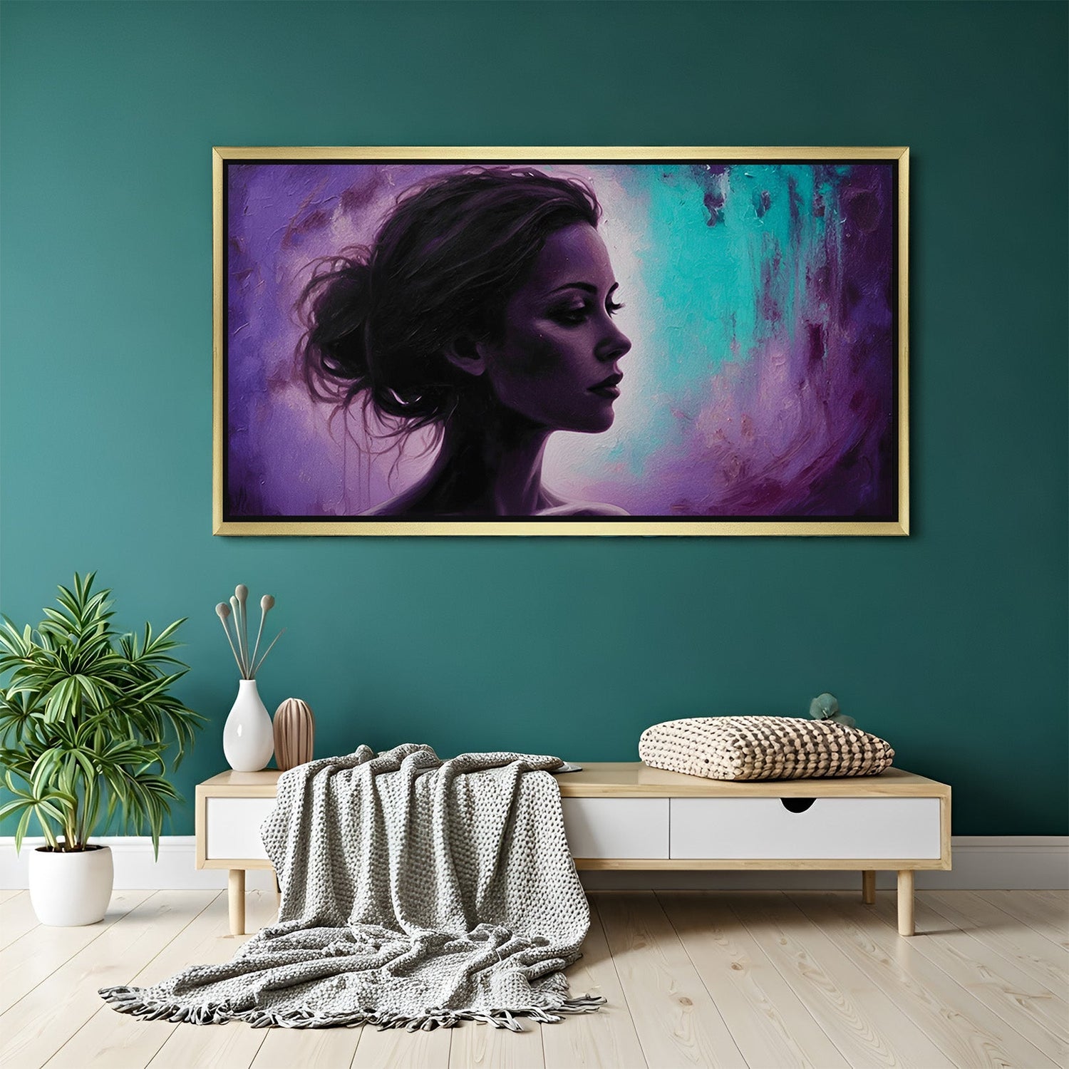 Golden-framed canvas of a woman in front of a magical purple and blue backdrop—dreamy and vibrant wall decor for modern interior spaces