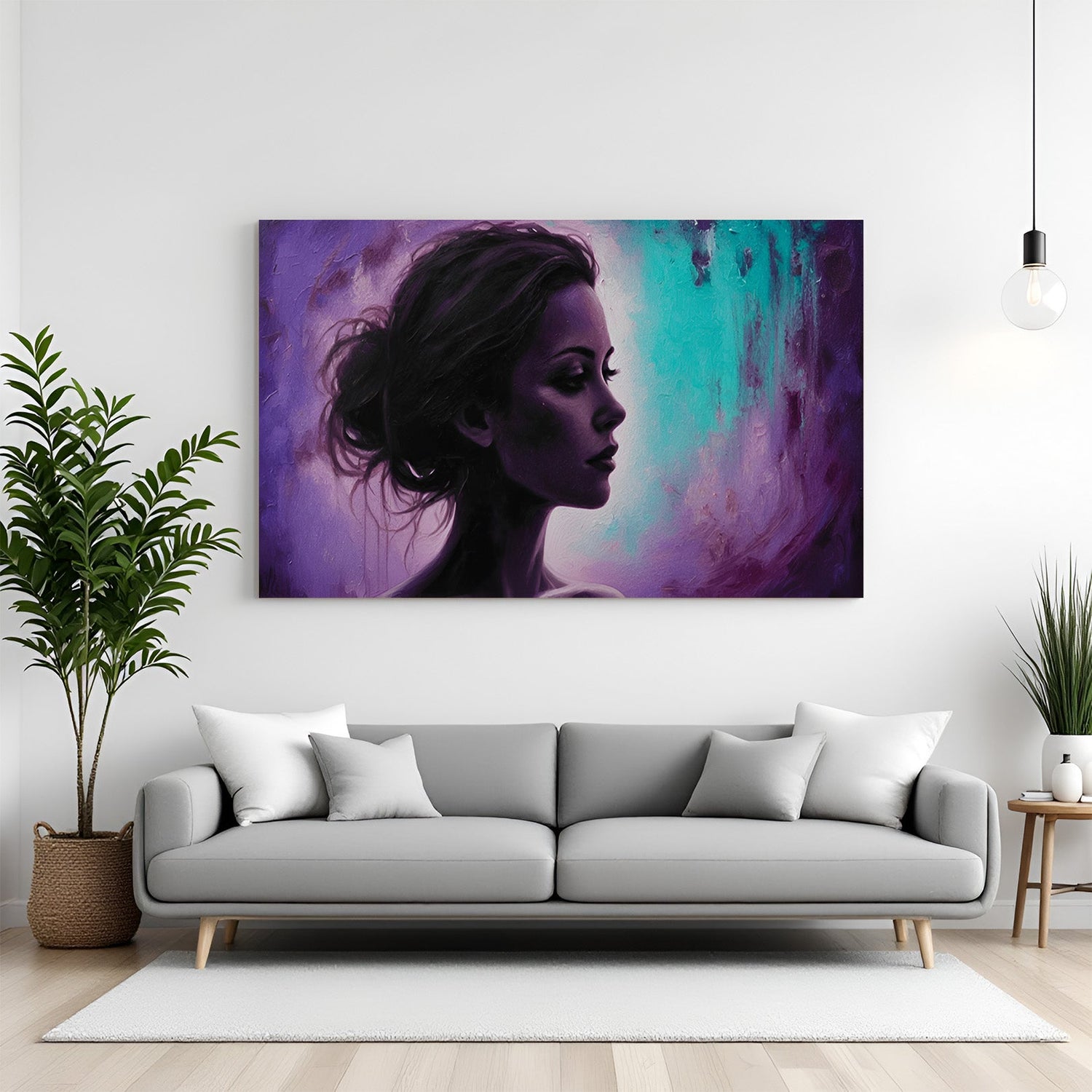 Modern art canvas featuring a woman with surreal purple and blue magical background—vibrant and dreamy wall art for artistic and expressive interiors