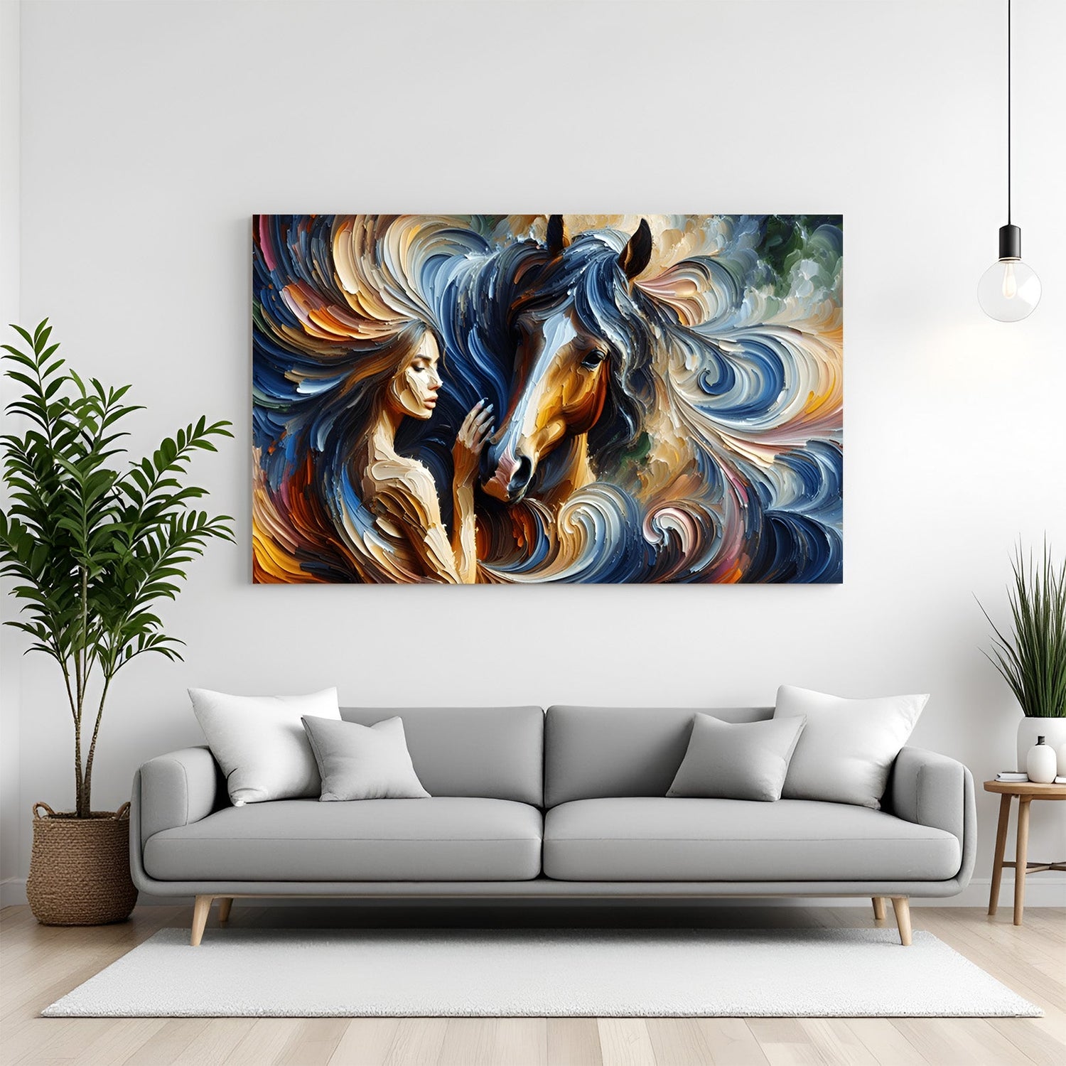 Modern spiral art of a woman lovingly touching a horse, expressive brushstroke design on canvas