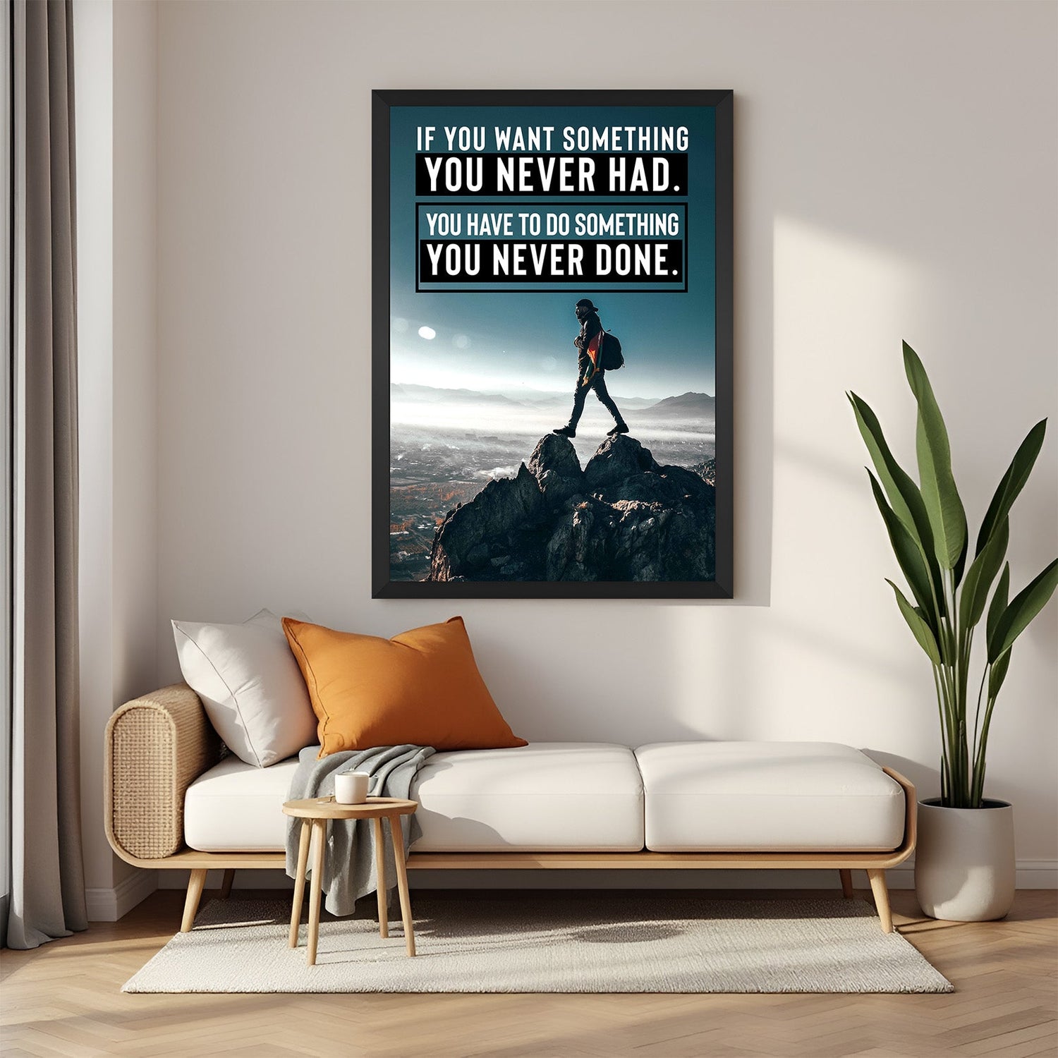 Minimalist motivational canvas print with black floater frame featuring Work Hard Stay Humble quote