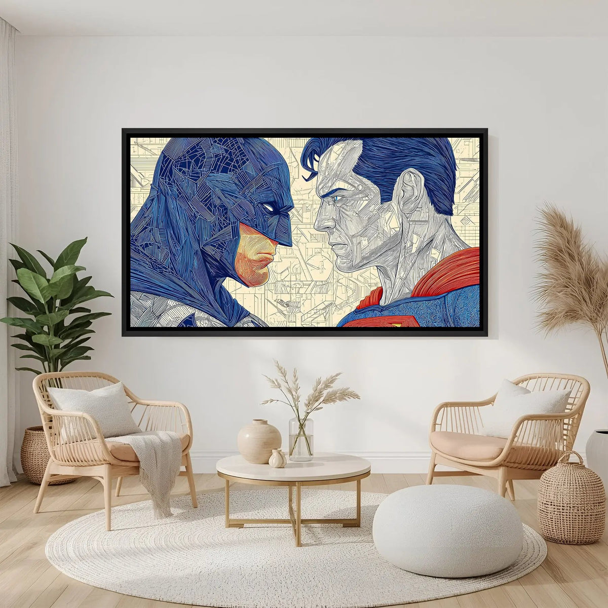 Batman versus Superman artwork in elegant black floater frame featuring dramatic close-up confrontation