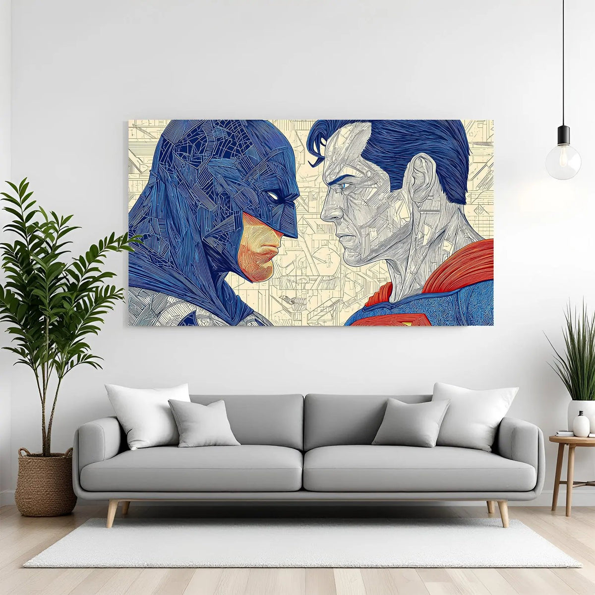 Batman and Superman intense close-up canvas wall art in premium canvas wrapped frame with cinematic superhero design