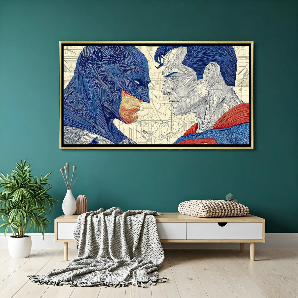 Luxury Batman and Superman canvas artwork in golden floater frame with powerful cinematic face-off design