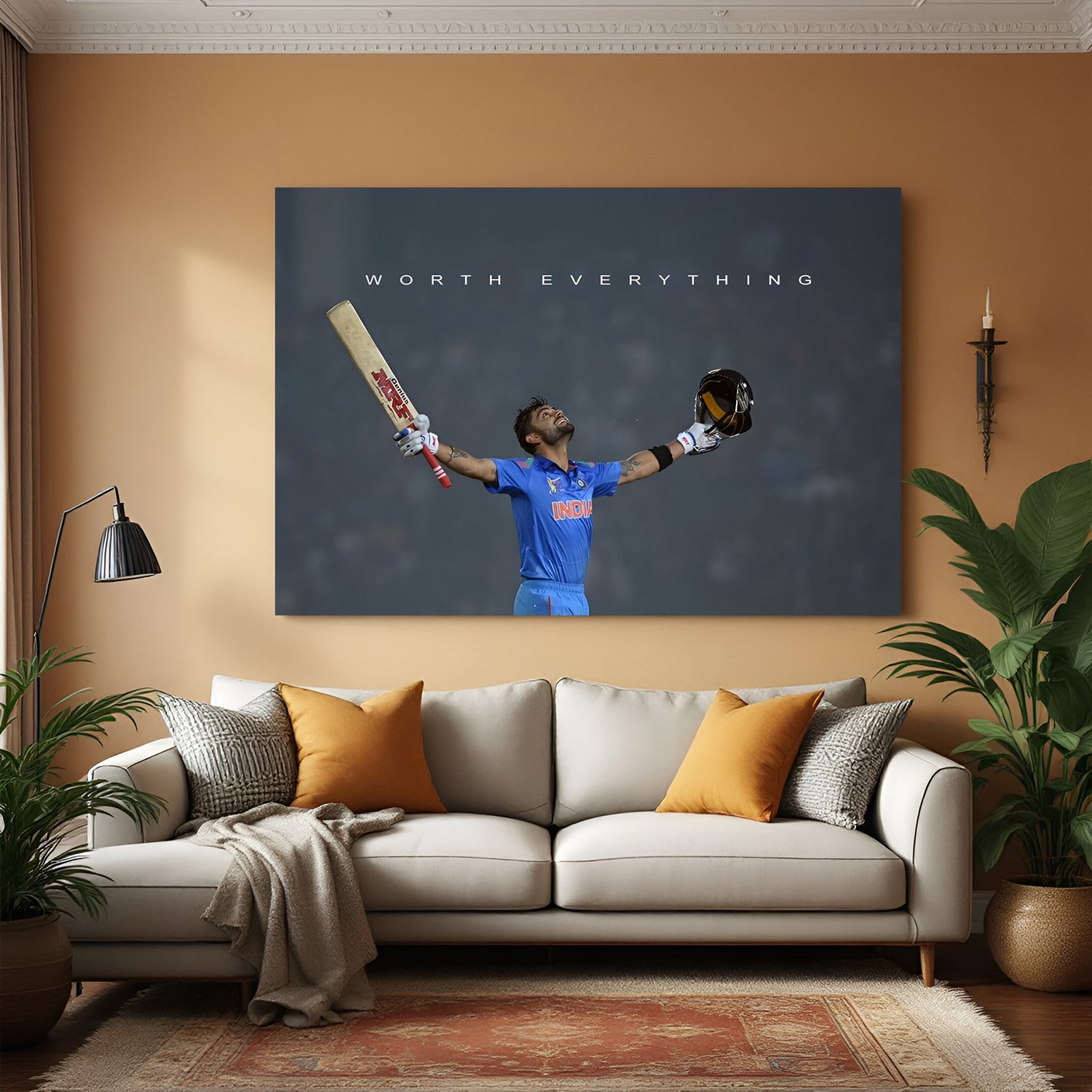Canvas wall art of cricketer celebrating with arms wide, holding bat and helmet, quote: Worth Everything