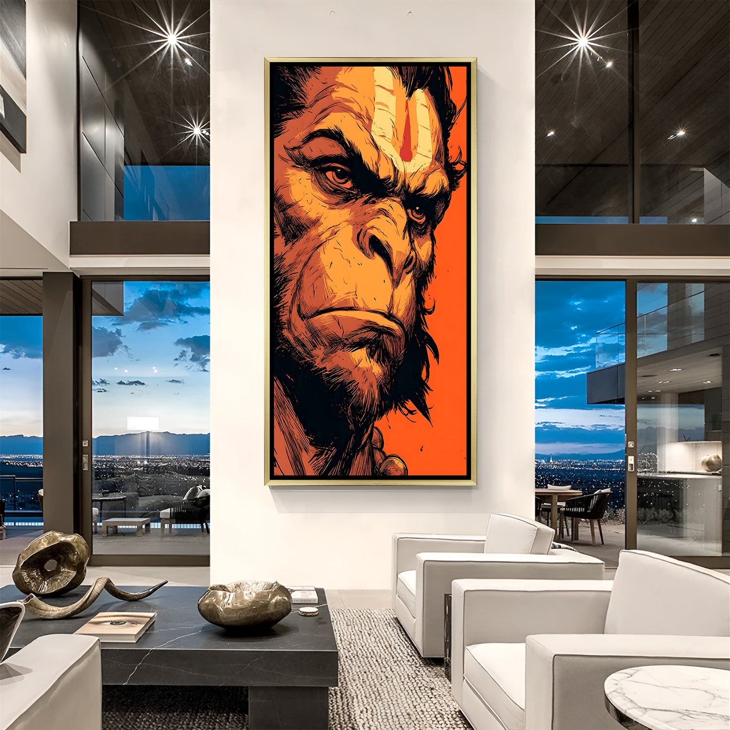Wrath of the Eternal Protector Hanuman artwork in luxury golden floater frame featuring intense close-up portrait