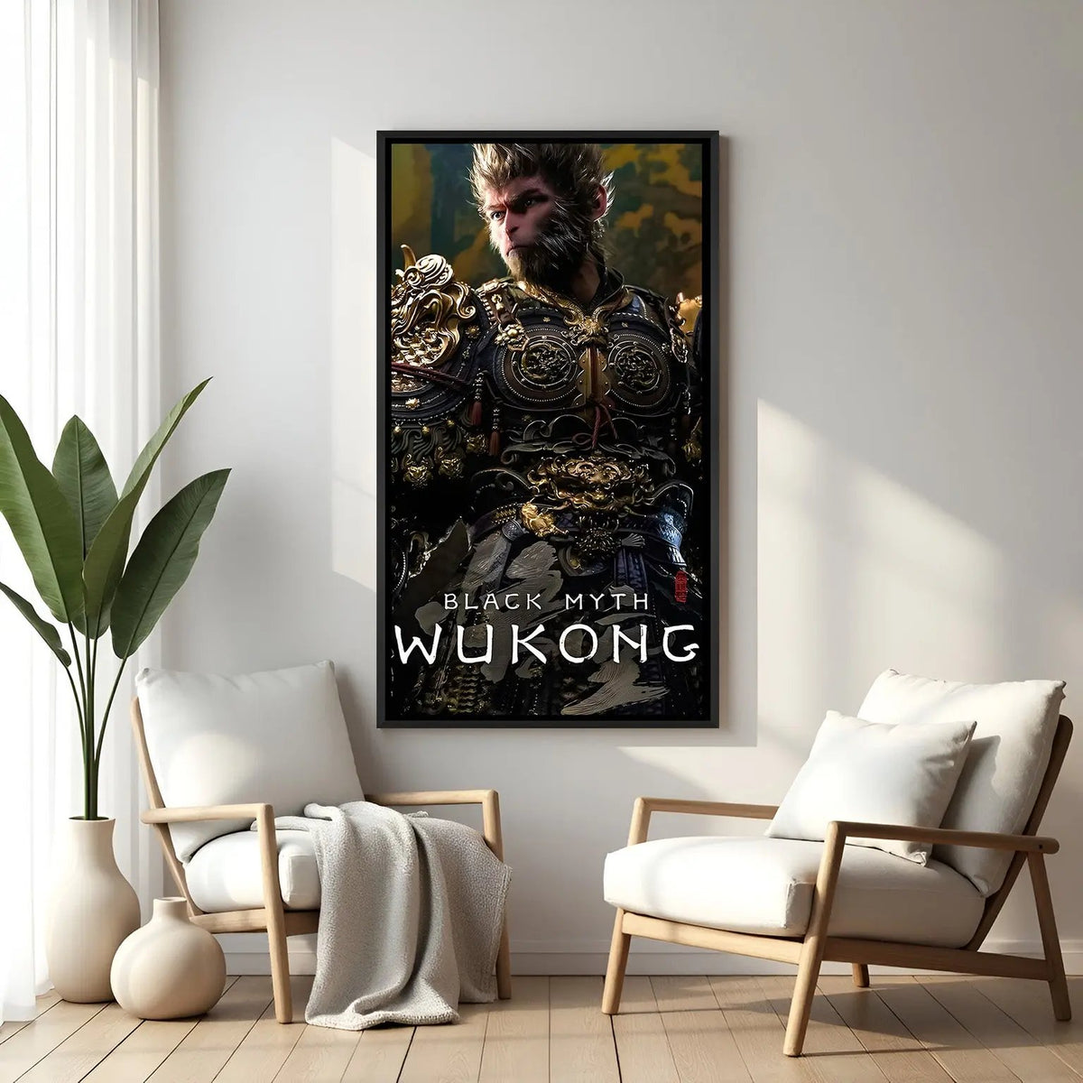 Wukong Ascendant Warrior wall painting in elegant black floater frame with cinematic fantasy game artwork