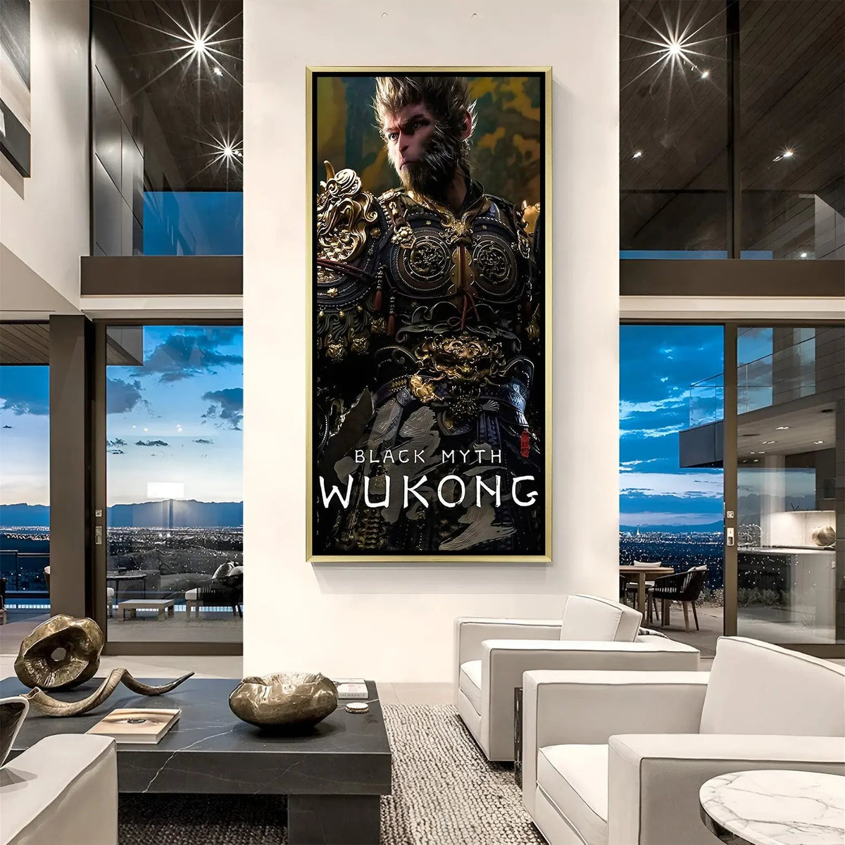 Wukong Ascendant Warrior artwork in luxury golden floater frame featuring legendary myth-inspired gaming design