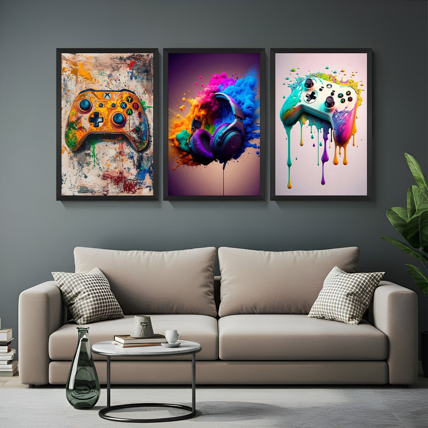 Canvas wall art trio showcasing abstract Xbox controller, exploding headphones, and paint-drip gaming art – ideal for colorful, modern interiors