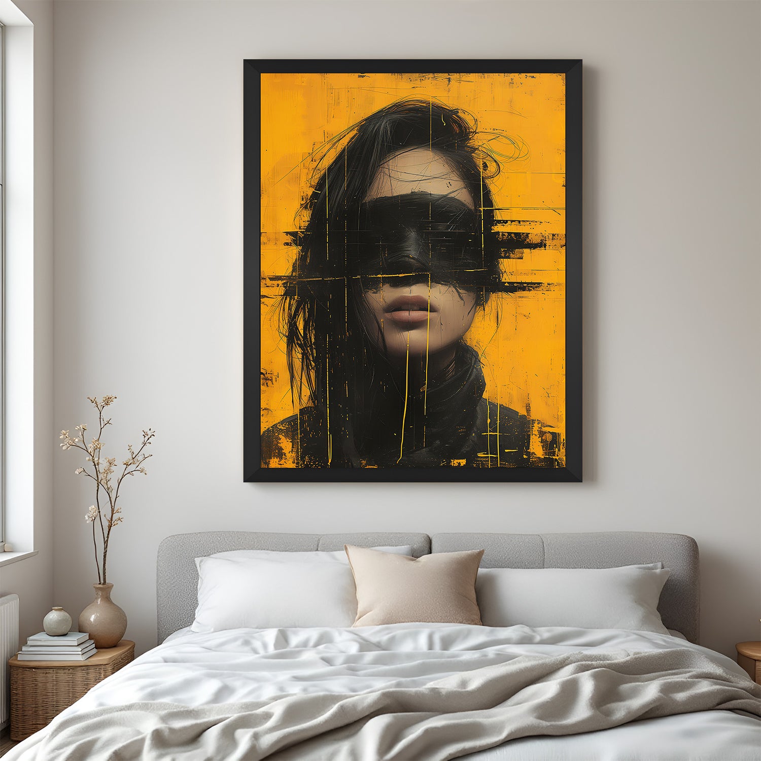 Yellow abstract woman portrait hand painting in black floater frame | Modern canvas wall art