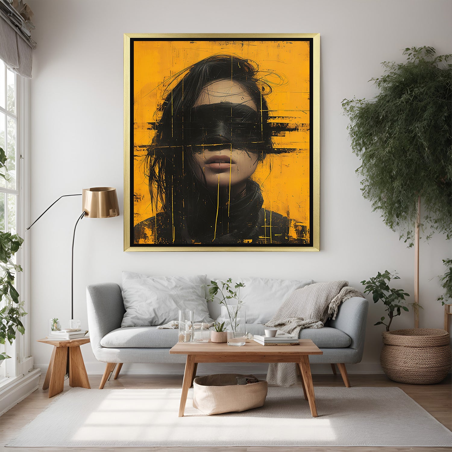 Yellow abstract woman portrait hand painting in golden floater frame | Modern canvas wall art