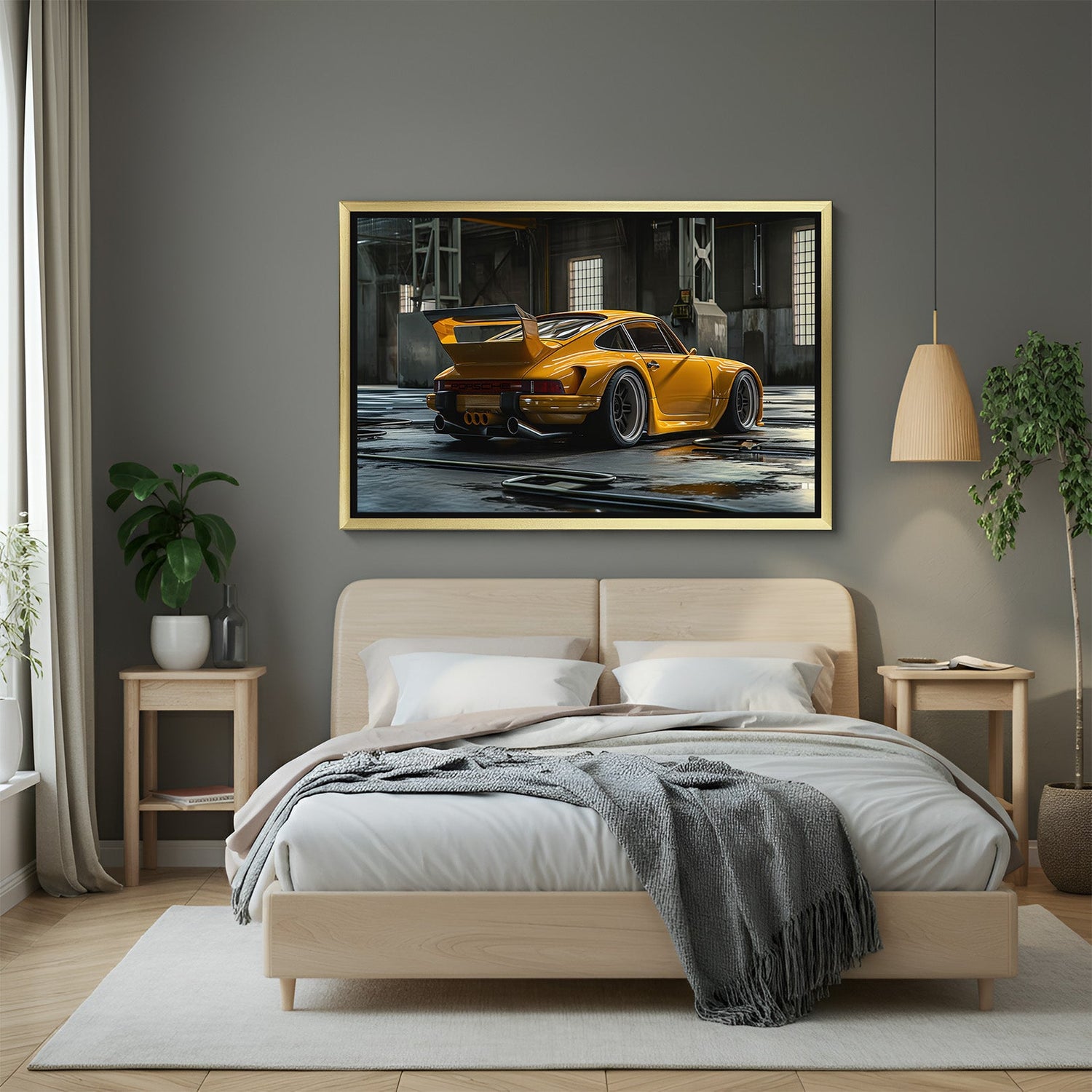 Golden frame canvas of yellow sports car with beast styling and sporty vibe, great for office or car-themed room decor