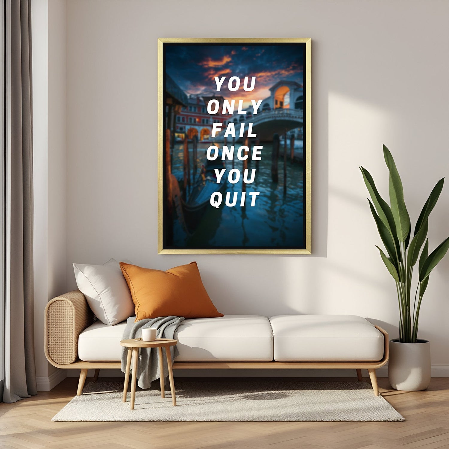Golden frame inspirational canvas wall art – never give up quote for decor