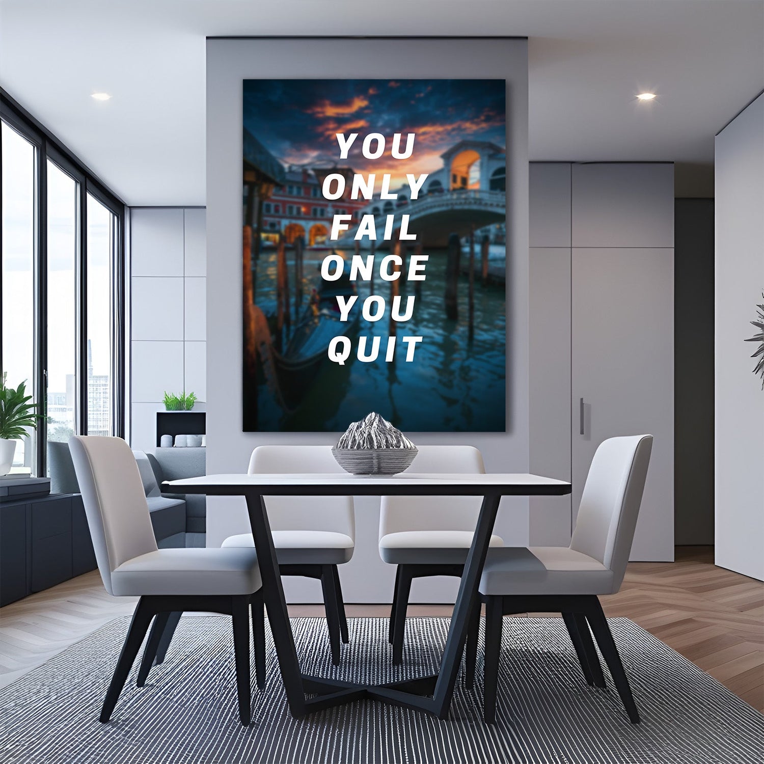 Motivational canvas wall art with “You only fail once you quit” quote