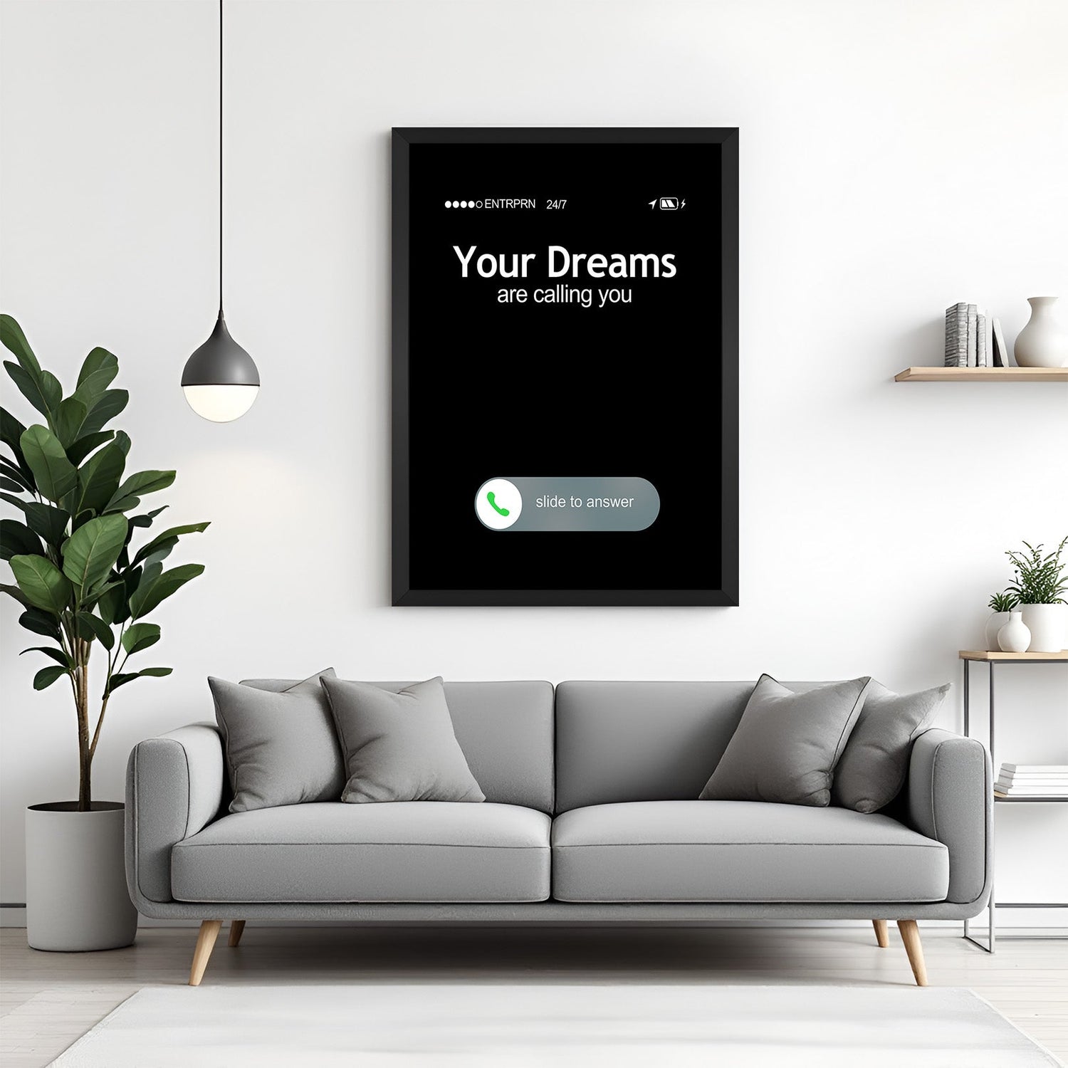 Black frame motivational canvas printed wall art with dreams calling phone graphic