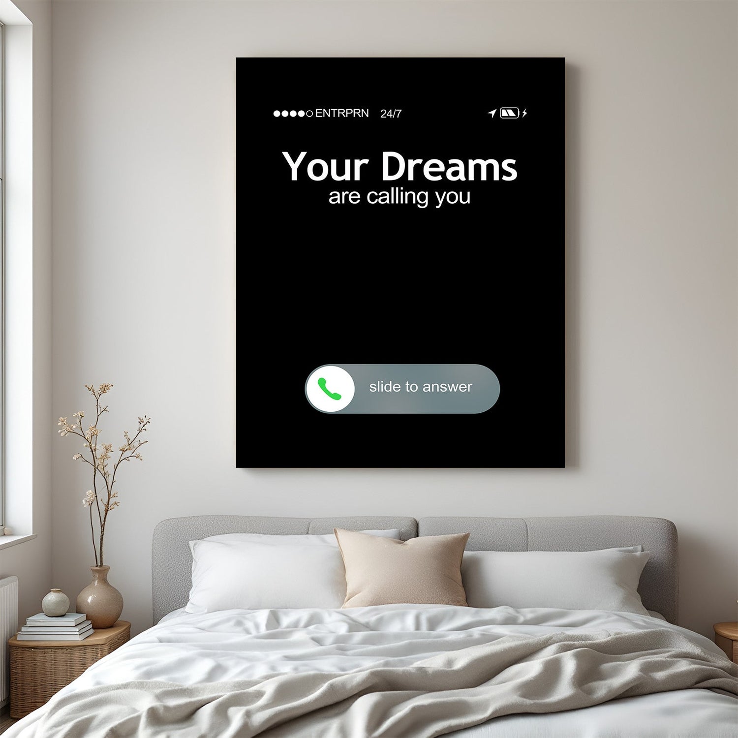 Motivational canvas printed wall art with “Your Dreams Are Calling” and phone graphic