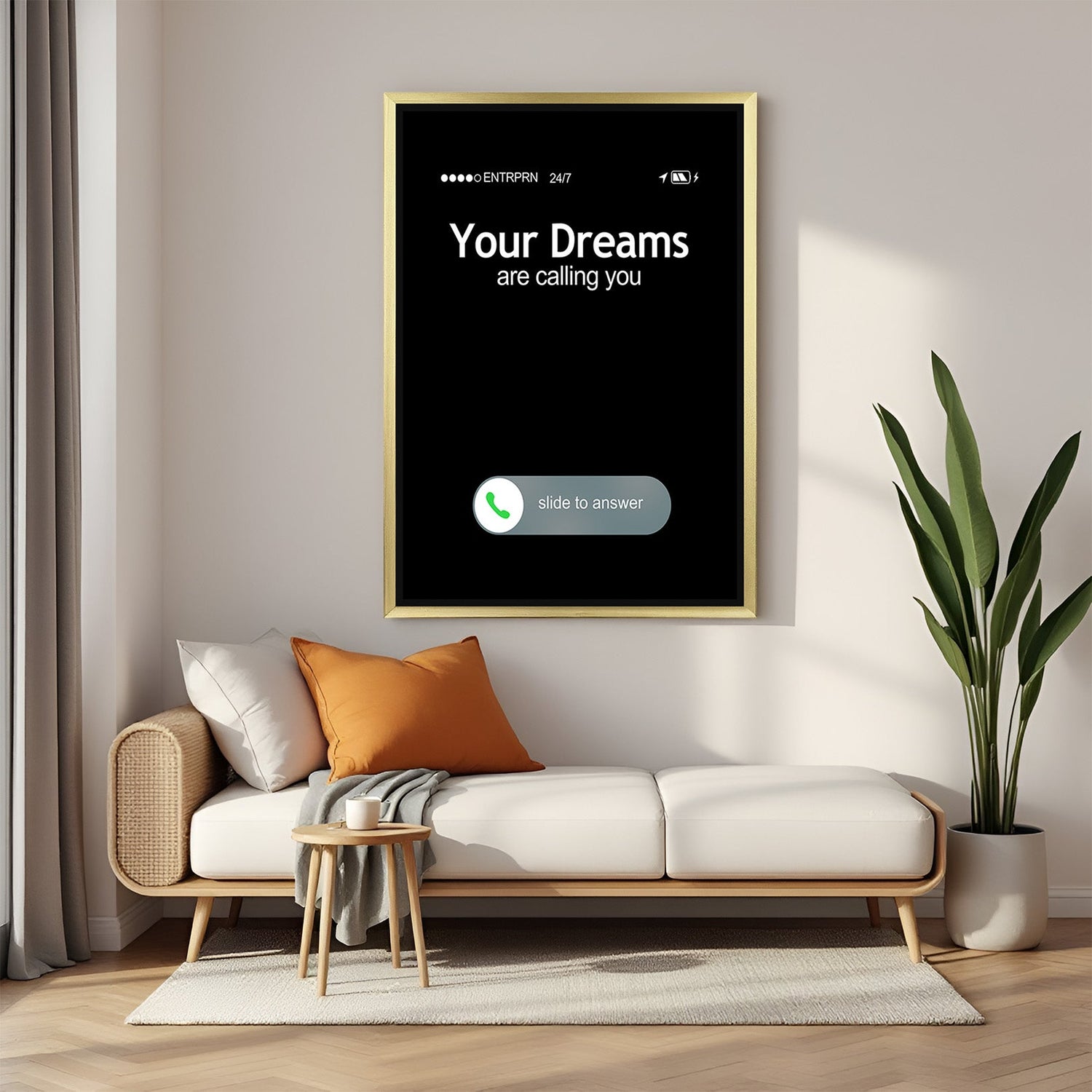 Golden frame inspirational canvas printed wall art with dreams calling phone graphic