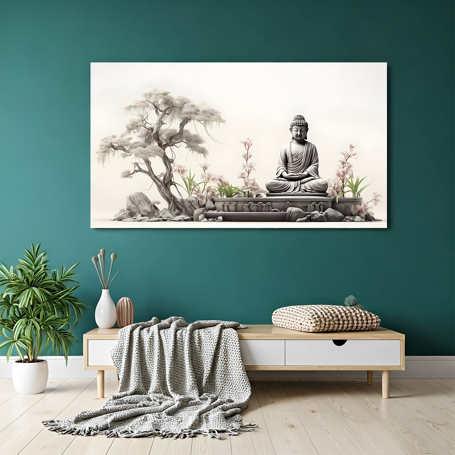 Zen Buddha Meditation canvas painting with minimal spiritual artwork in canvas wrapped frame