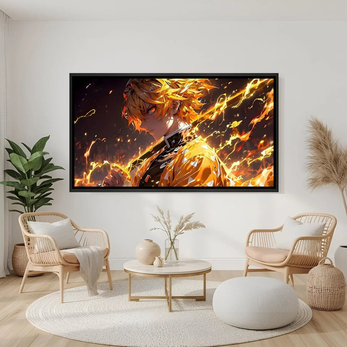 Zenitsu Agatsuma anime canvas artwork in premium black floater frame for gaming room decor