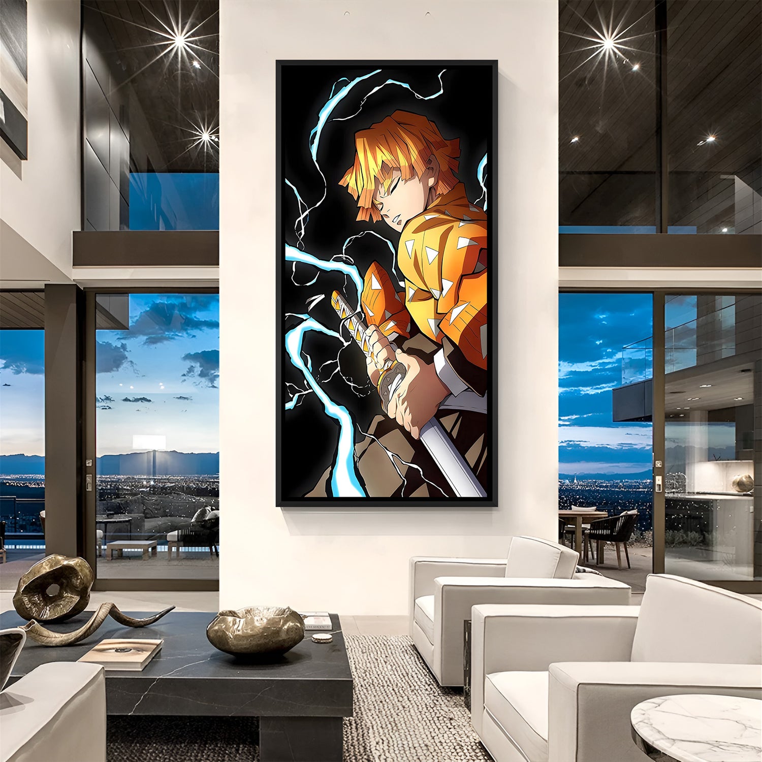 Zenitsu Agatsuma Thunder Breathing anime canvas artwork in premium black floater frame