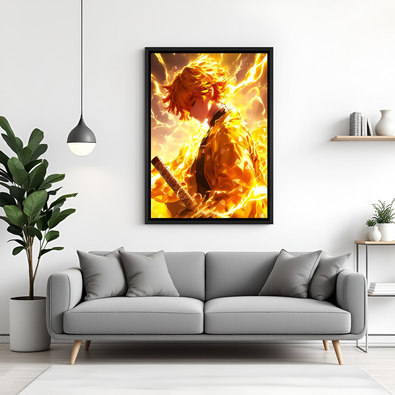 Zenitsu Agatsuma thunder anime canvas artwork in premium black floater frame