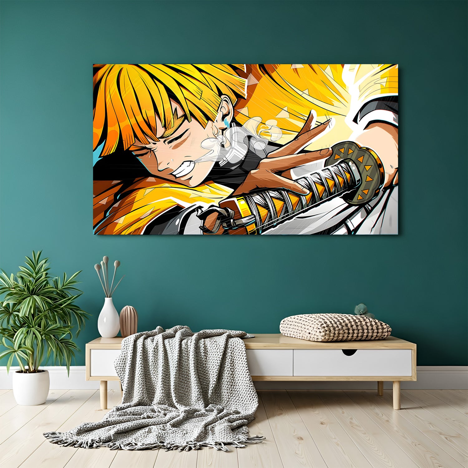 Zenitsu Agatsuma Thunder Breathing canvas painting with sleeping anime battle artwork in canvas wrapped frame