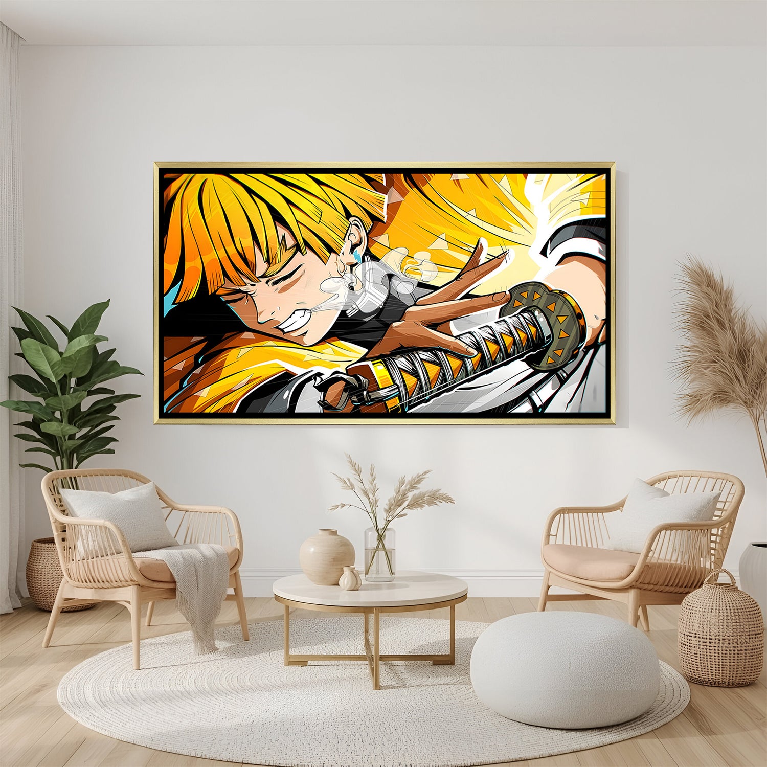 Zenitsu Agatsuma Demon Slayer wall art in luxury golden floater frame with Thunder Breathing design
