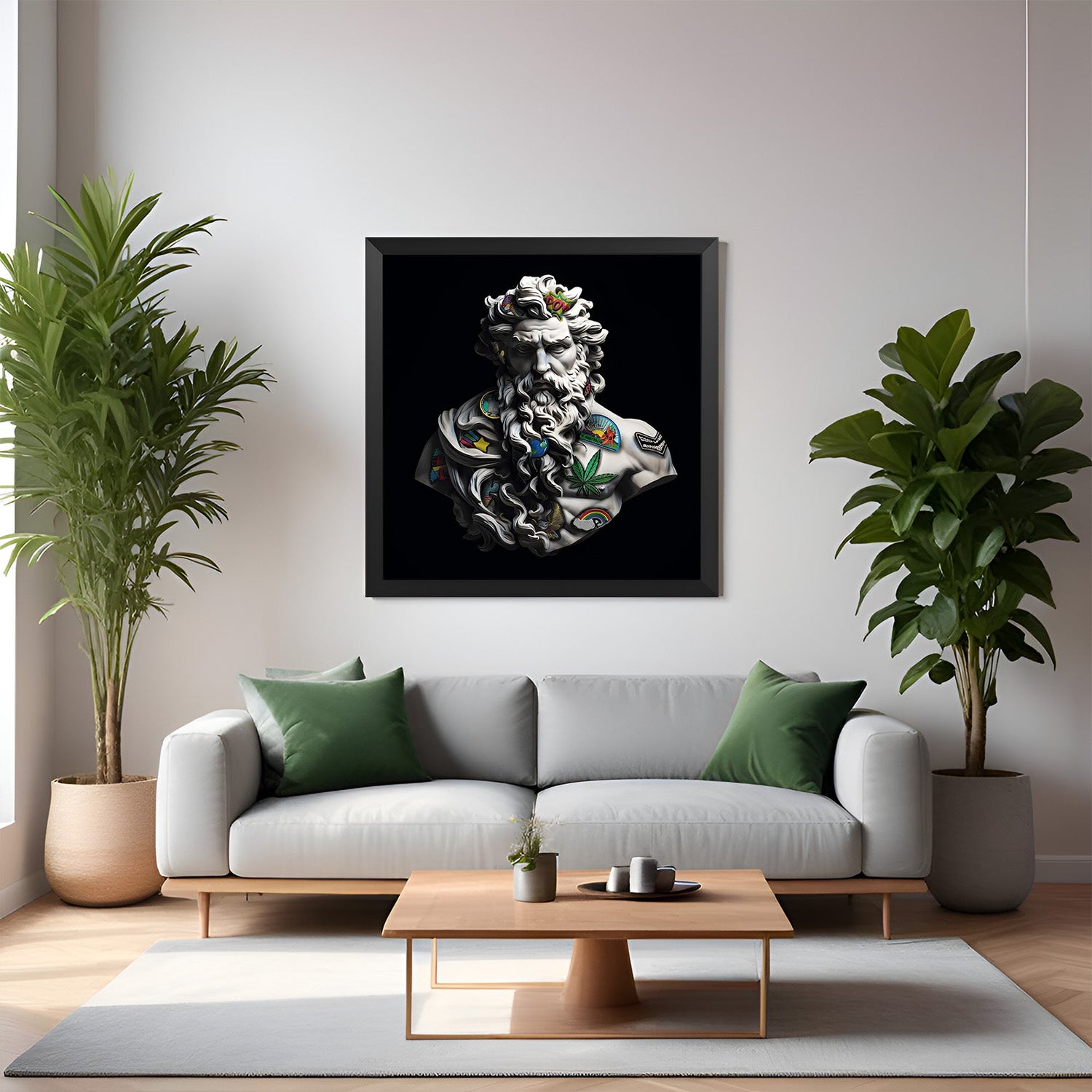Black-framed modern art of Zeus in white on a black canvas—bold and mythological decor piece for powerful interior styling and dramatic modern walls