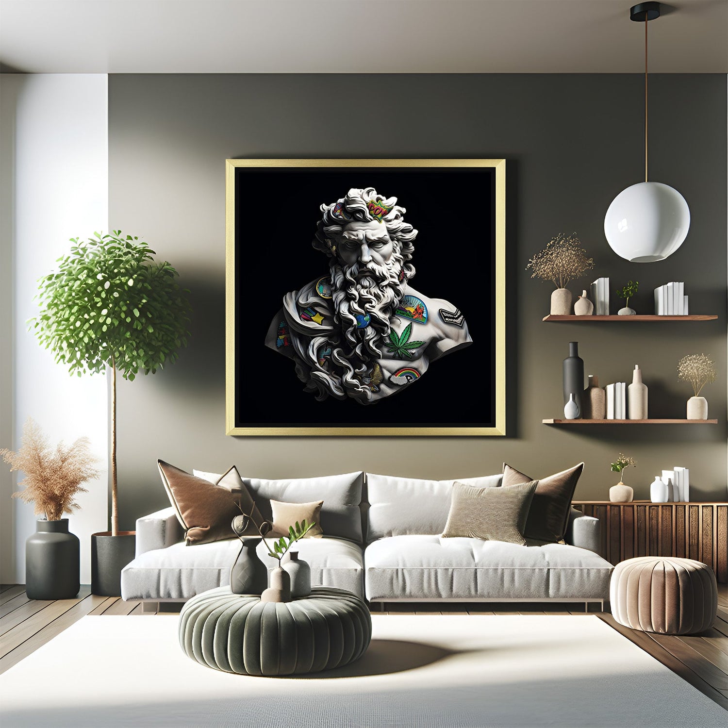 Golden-framed canvas art of Zeus, the white god figure on black background—elegant and strong wall art combining ancient symbolism and modern design
