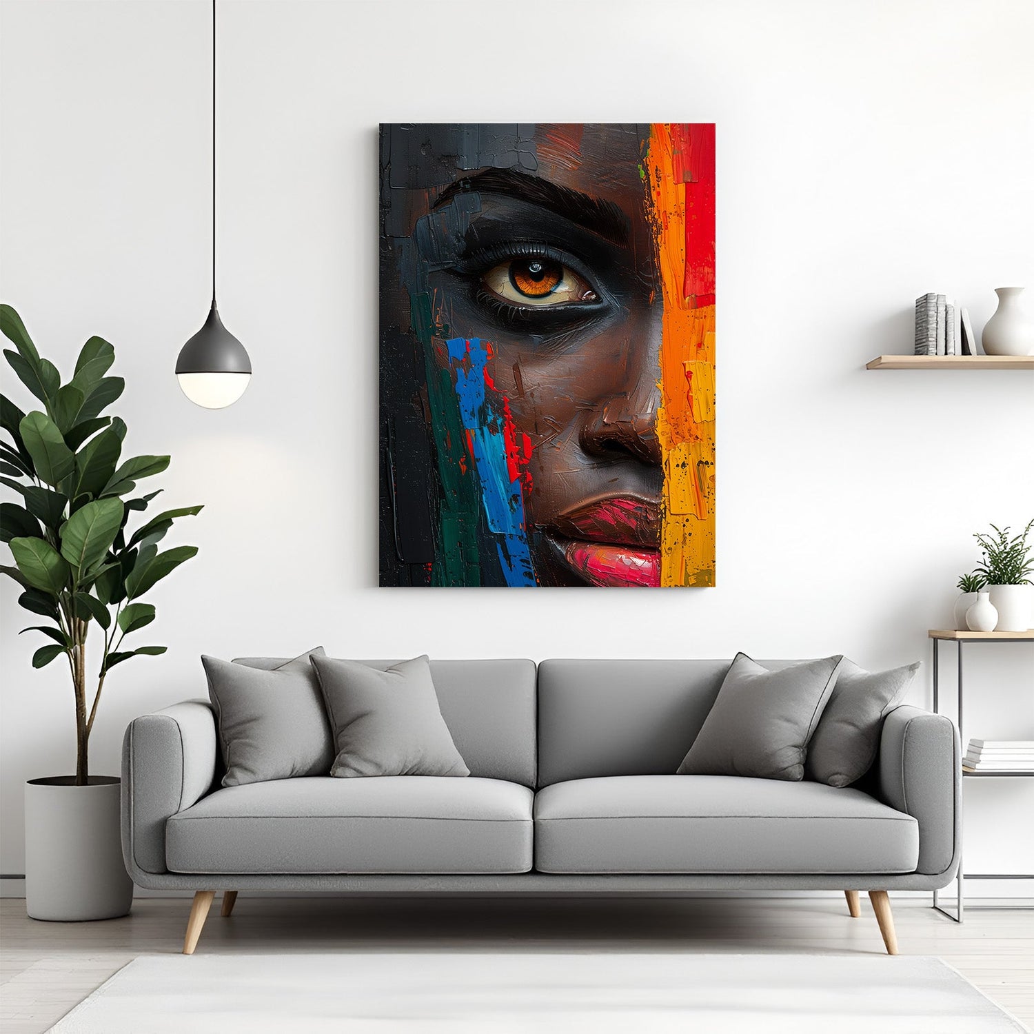 Close-up canvas wall art of an African girl's face with artistic detail and bold expression, perfect for modern, ethnic, and cultural interiors