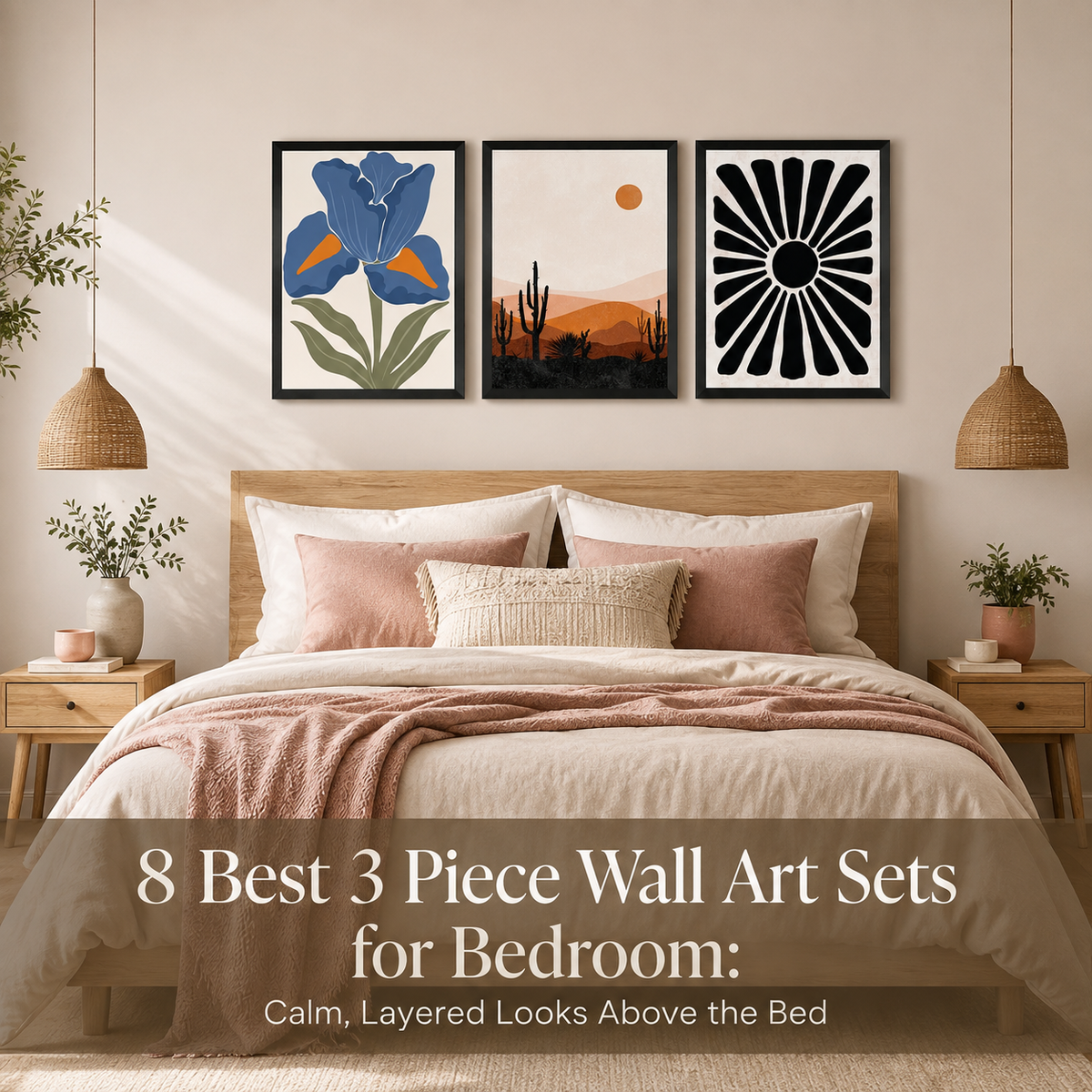 3-piece wall art set featuring blue floral, desert landscape, and black-and-white sunburst prints above a cozy modern bedroom with a light wood bed and neutral decor.