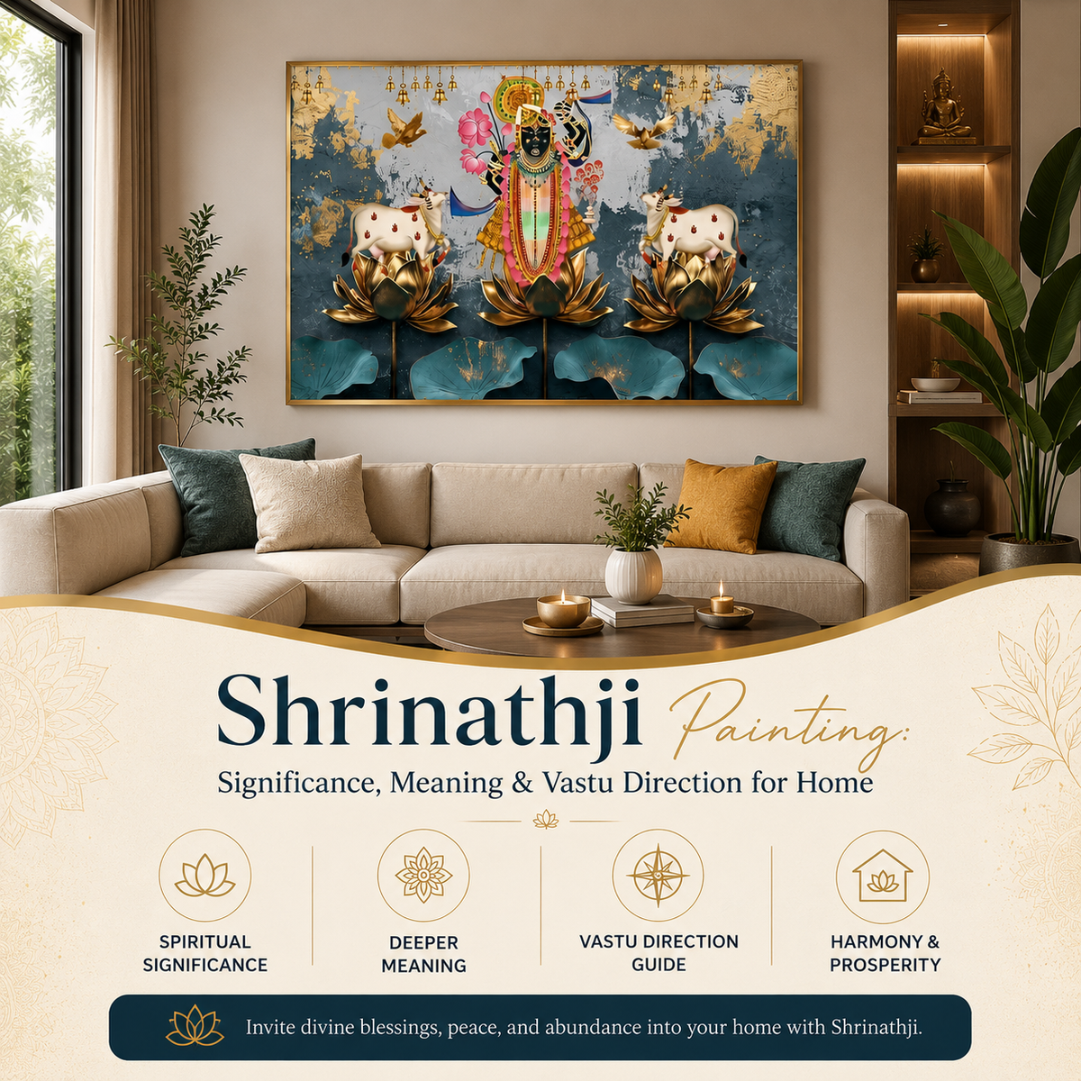 Shrinathji painting in a modern apartment living room with Vastu direction, spiritual significance, meaning, harmony and prosperity themes.