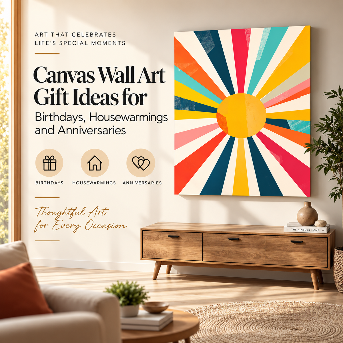 Canvas wall art gift ideas for birthdays, housewarmings and anniversaries displayed in a warm modern living room.