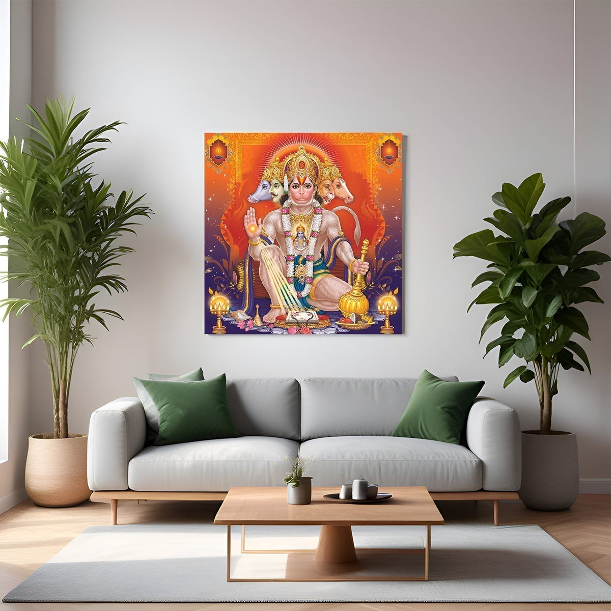 Canvas wall art of Panchmukhi Hanuman Ji with five divine faces and powerful aura, symbolizing protection, strength, and Vastu harmony for home and spiritual spaces