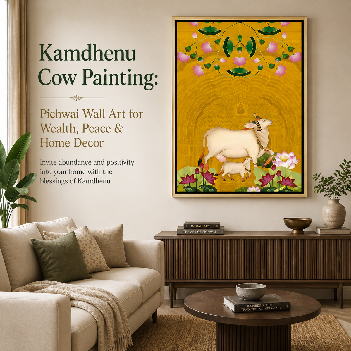 Kamdhenu cow Pichwai painting displayed in a modern living room, symbolizing wealth, peace, positivity, and prosperity through elegant Indian wall art.