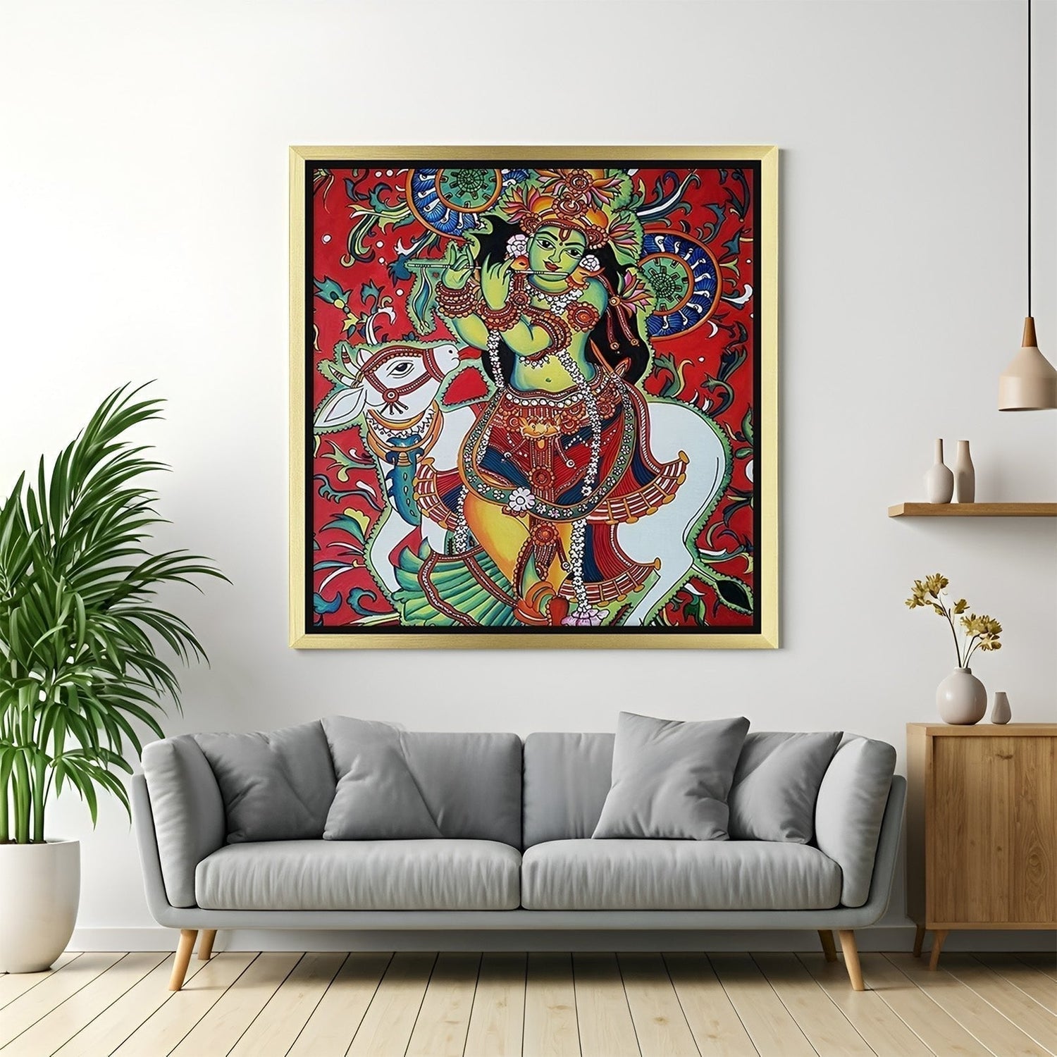Kerala mural canvas wall art featuring vibrant deities and mythological scenes, perfect for traditional decor and Vastu-aligned spiritual interiors