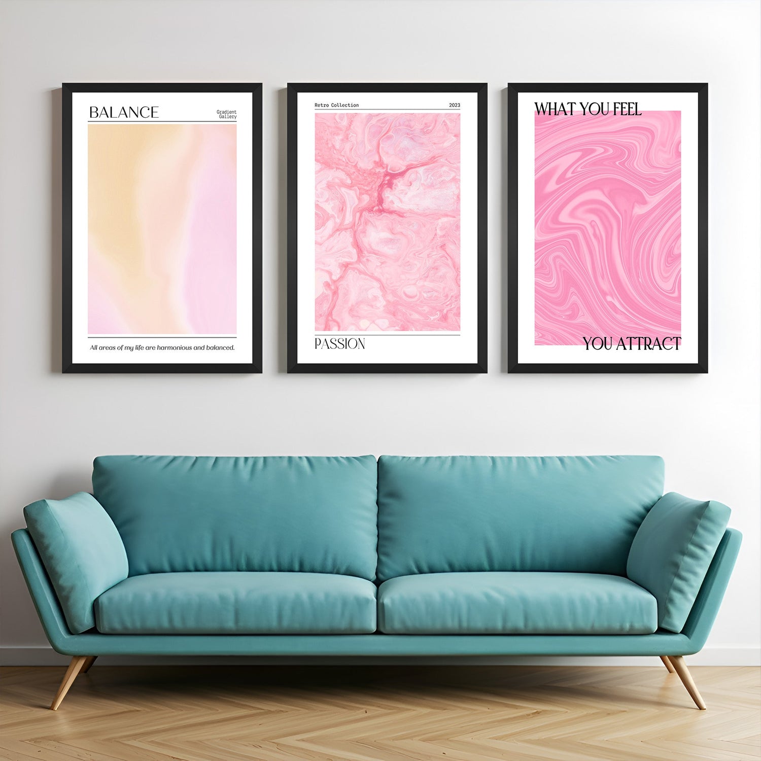 Set of 3 aura-style canvas wall art in soothing pink tones with soft gradients and abstract energy patterns—perfect for calm, modern, and spiritual interiors