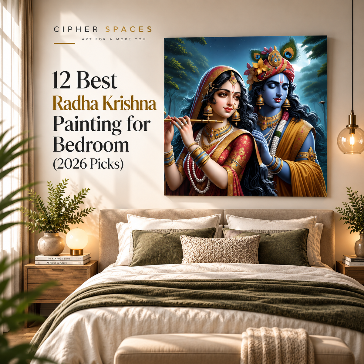 12 best Radha Krishna paintings for bedroom featuring a vibrant Radha Krishna canvas artwork in a luxurious modern bedroom.