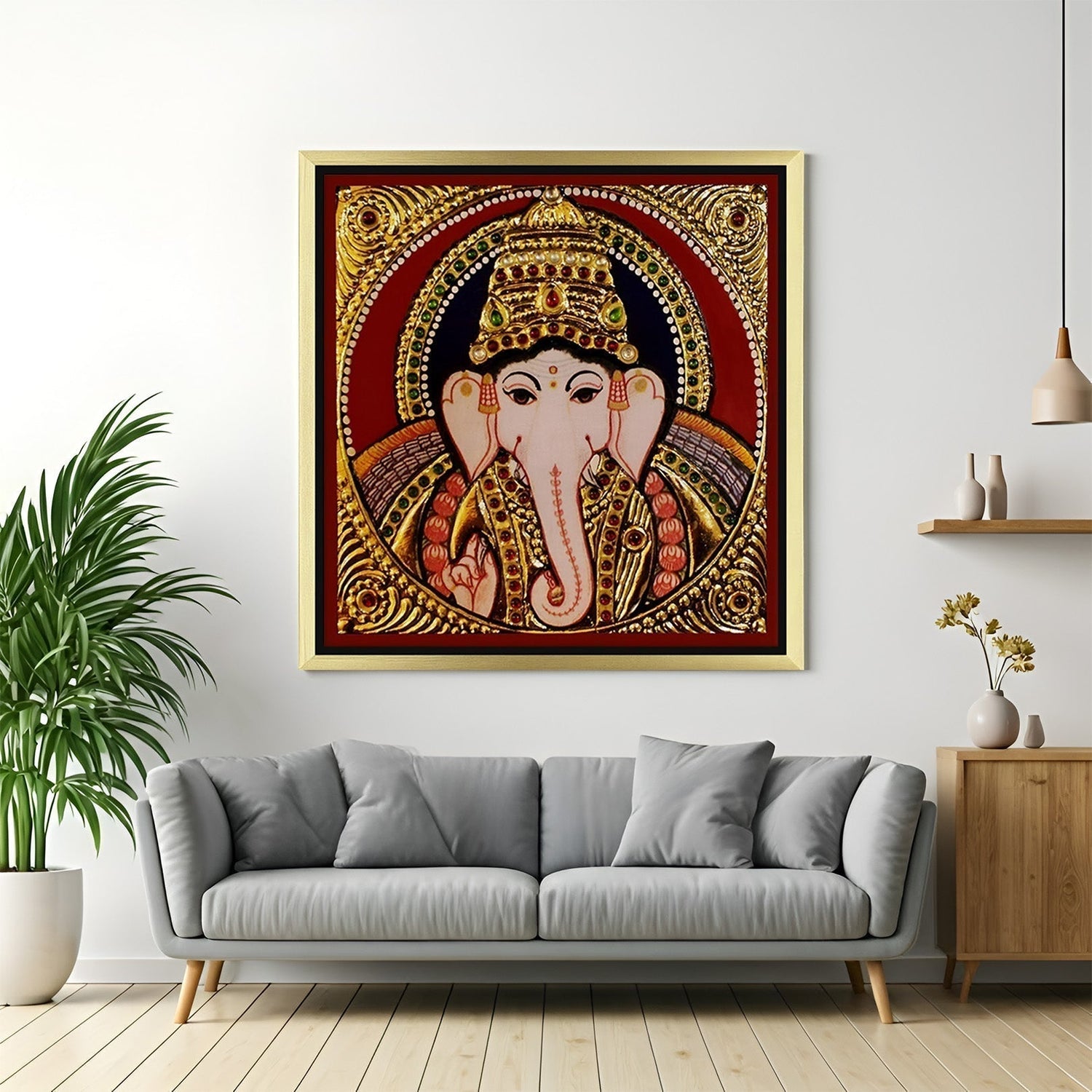 Tanjore canvas wall art with rich gold foil work and divine figures, symbolizing prosperity and tradition—perfect for Vastu-aligned home interiors