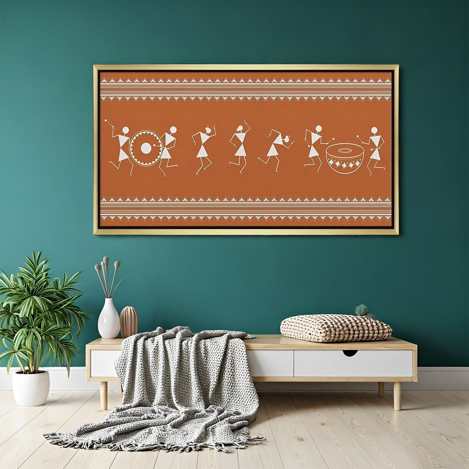 Traditional Warli canvas wall art featuring tribal patterns and daily life scenes, perfect for adding cultural charm and Vastu balance to your home