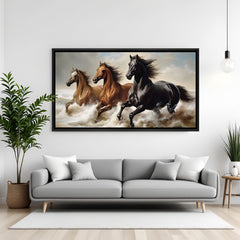 3 running horses Vastu horse painting in black floater frame for modern home décor