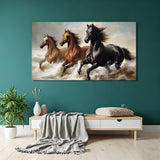Three running horses Vastu canvas wall art in gallery wrapped frame for living room