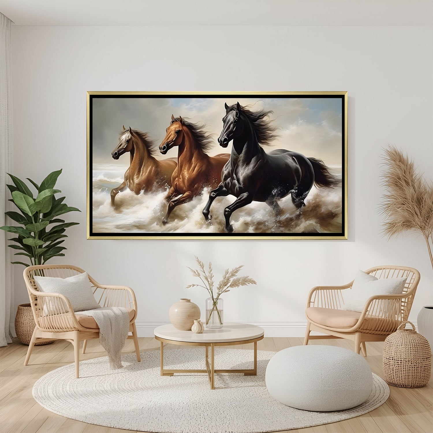 Three horses canvas wall art in elegant golden floater frame for home and office