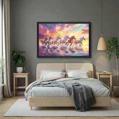 Black frame 6 running horses vastu canvas artwork reflecting power, focus, and progress for modern vastu-compliant spaces