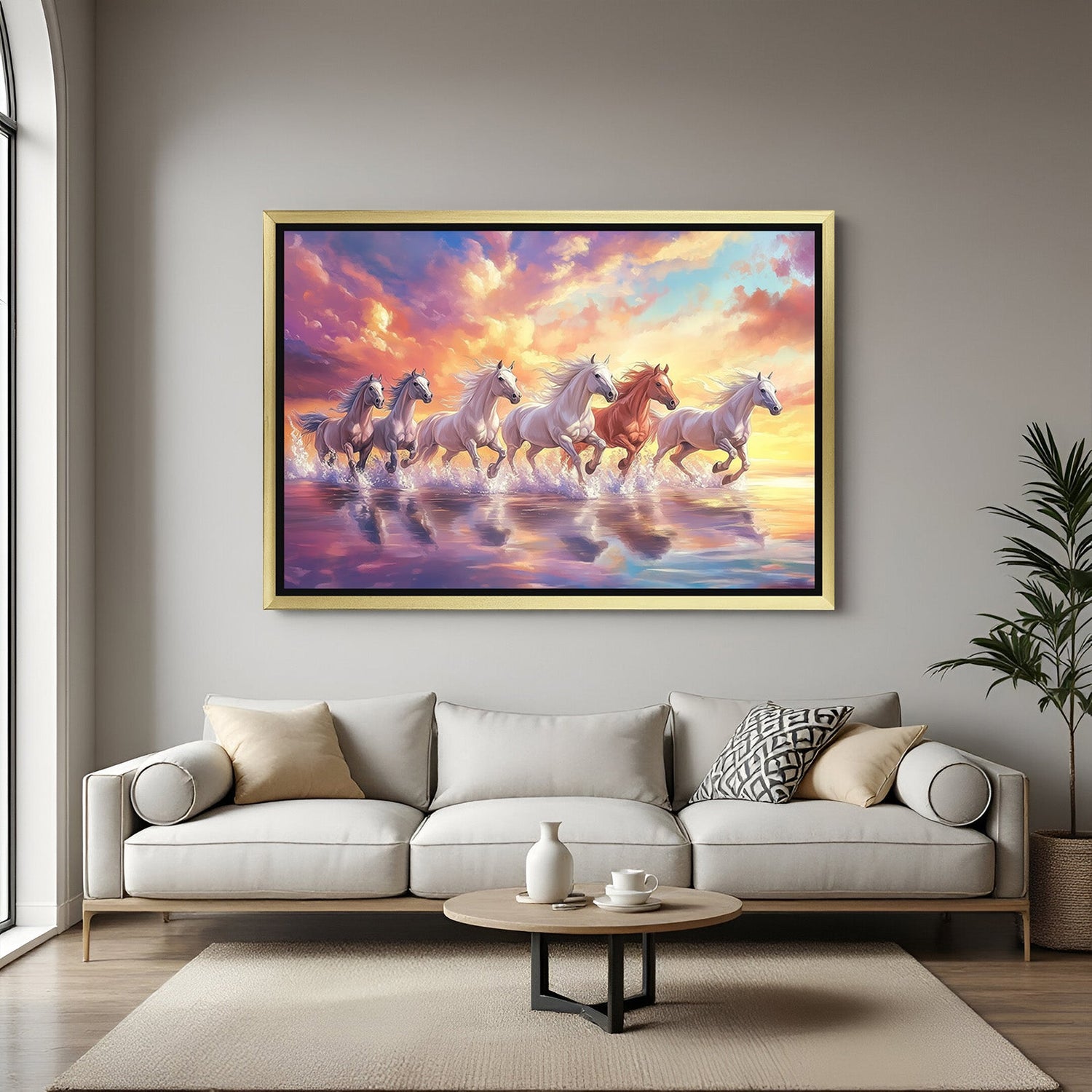 Golden frame six horses canvas wall painting bringing success, stability, and movement energy to vastu-based interiors