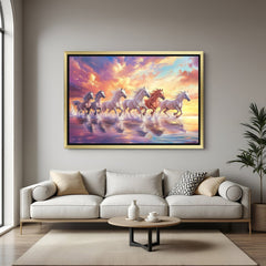 Golden frame six horses canvas wall painting bringing success, stability, and movement energy to vastu-based interiors