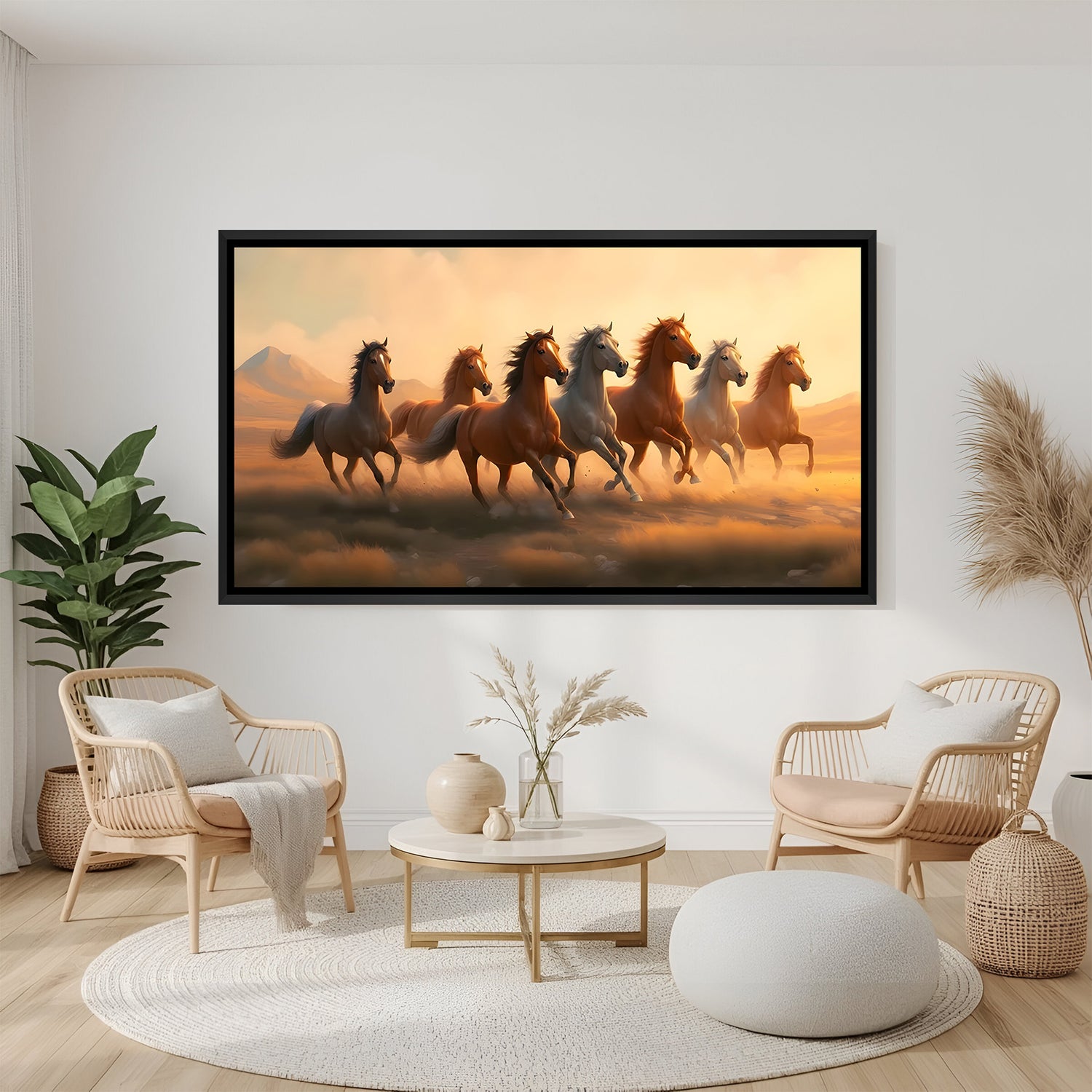 Seven running horses painting in black floater frame for living room and office decor