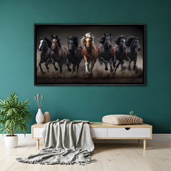 Seven running horses painting in black floater frame for modern home décor